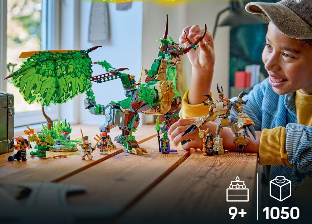 Na drewnianym stole znajduje się zestaw klocków LEGO przedstawiający zielonego smoka i kilka figurek. W prawym dolnym rogu widnieją ikony z oznaczeniem wieku 9+ i liczbą elementów 1050.