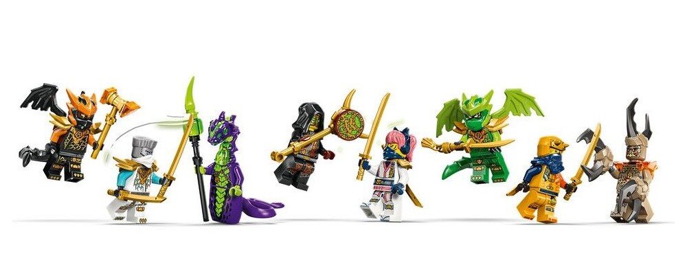 Na obrazie znajduje się siedem figurek LEGO w dynamicznych pozach, każda z unikalnymi elementami, takimi jak zbroje, bronie i skrzydła. Figurka smoka ma zielone skrzydła i fioletowy ogon.