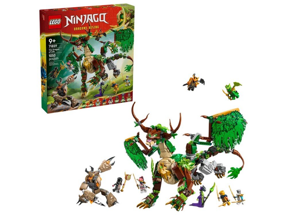 Zestaw LEGO NINJAGO Smok Życia z widocznym modelem smoka oraz figurkami postaci. Opakowanie zawiera informacje: \'9+\', \'71859\', \'The Dragon of Life\', \'1050 pcs/pzs\'.