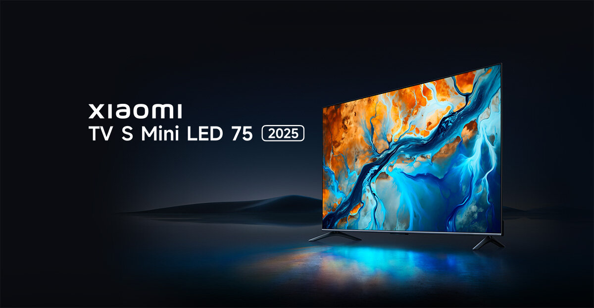 Obraz przedstawia telewizor z kolorowym wyświetlaczem, obok którego znajduje się napis \'xiaomi TV S Mini LED 75 2025\'. Tło jest ciemne, a ekran telewizora emituje niebieskie światło na powierzchnię poniżej.