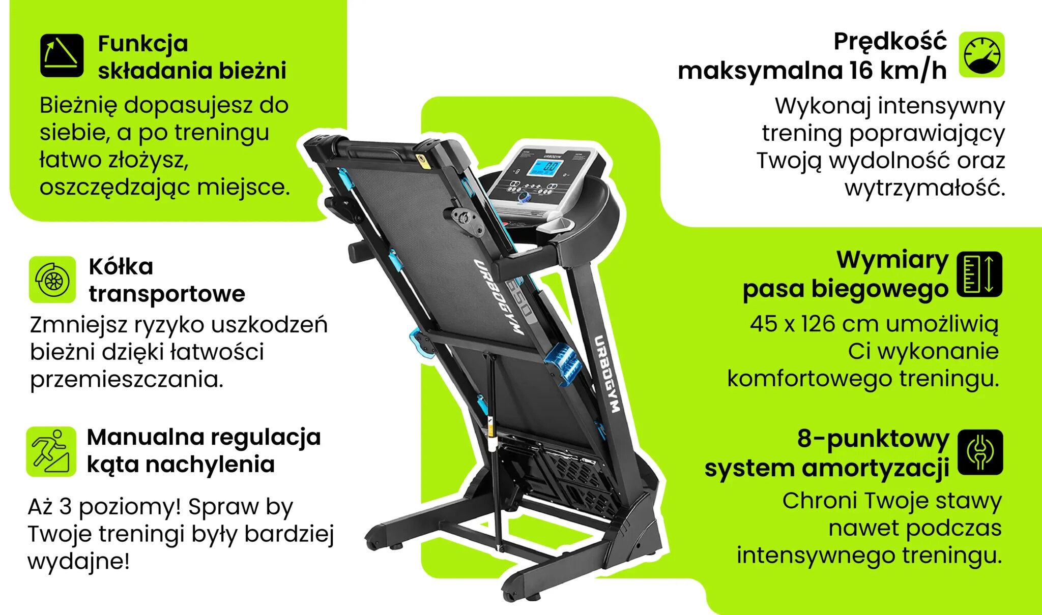 Obraz przedstawia bieżnię elektryczną z funkcją składania, kołami transportowymi i manualną regulacją kąta nachylenia. Tekst na obrazie informuje o maksymalnej prędkości 16 km/h, wymiarach pasa biegowego 45 x 126 cm oraz 8-punktowym systemie amortyzacji.