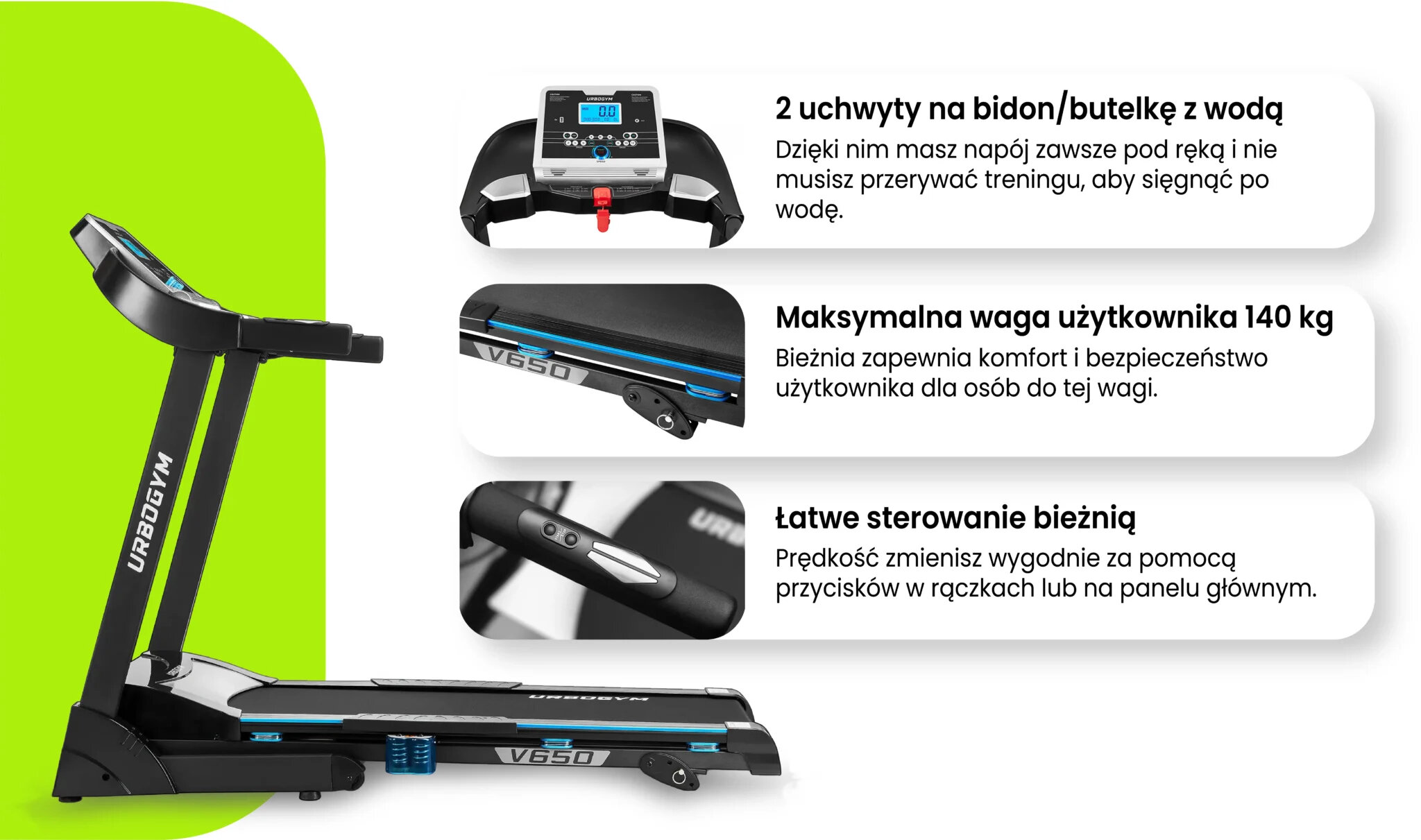 Obraz przedstawia bieżnię elektryczną V650 z logo URBOGYM, z trzema opisami funkcji: \'2 uchwyty na bidon/butelkę z wodą\', \'Maksymalna waga użytkownika 140 kg\', \'Łatwe sterowanie bieżnią\'.