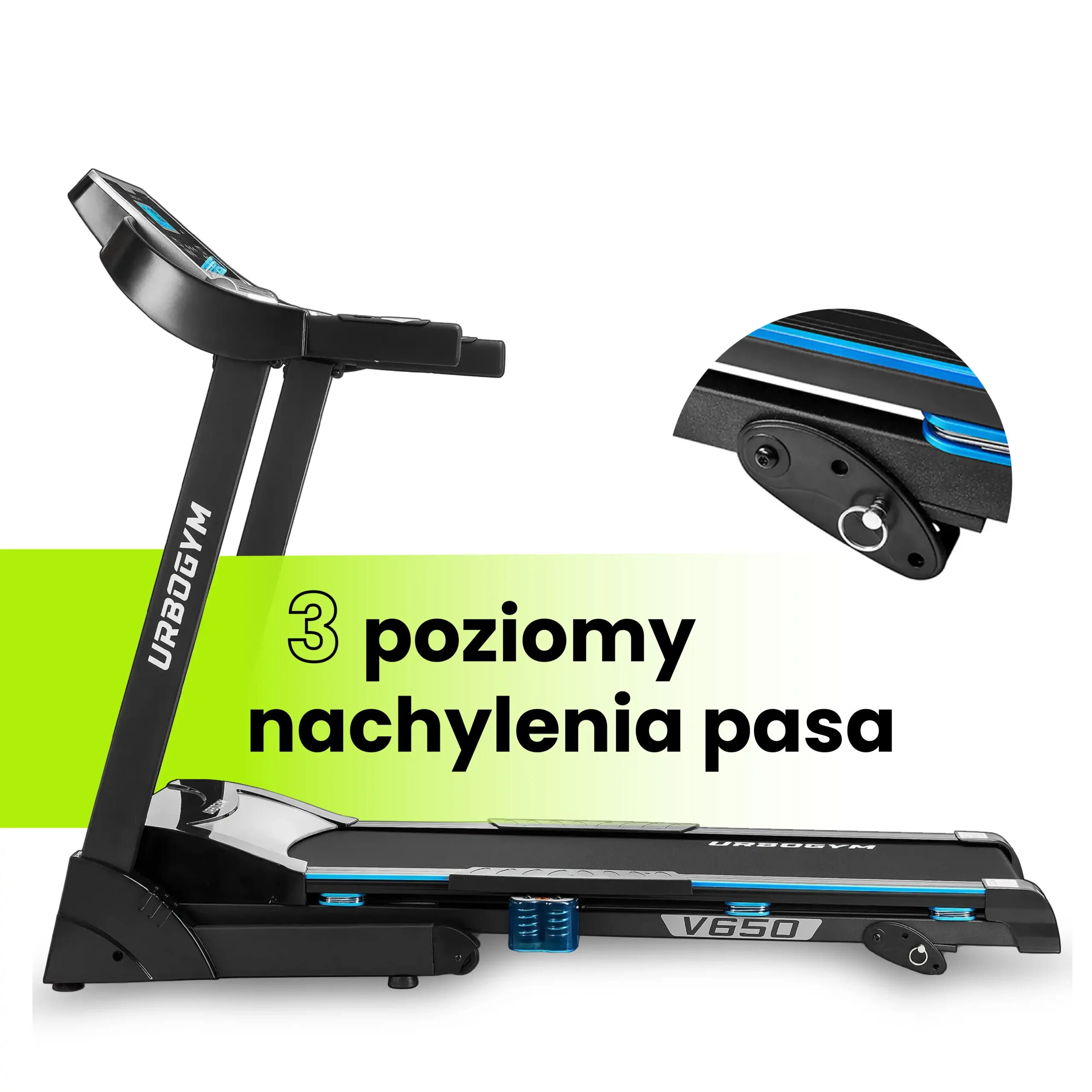 Obraz przedstawia bieżnię elektryczną z napisem \'V650\' oraz logo \'URBOGYM\'. Na zielonym tle widnieje tekst \'3 poziomy nachylenia pasa\'.