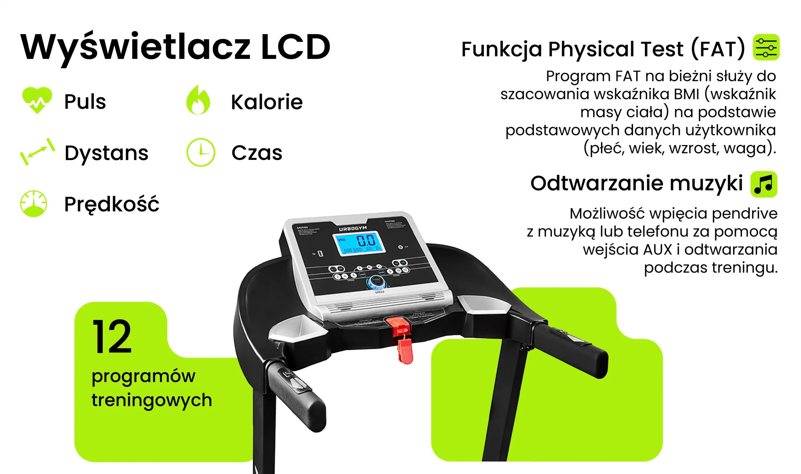 Obraz przedstawia panel sterowania bieżni elektrycznej z wyświetlaczem LCD, na którym widoczne są informacje takie jak puls, kalorie, dystans, czas i prędkość. Dodatkowo, bieżnia oferuje 12 programów treningowych, funkcję Physical Test (FAT) oraz możliwość odtwarzania muzyki.