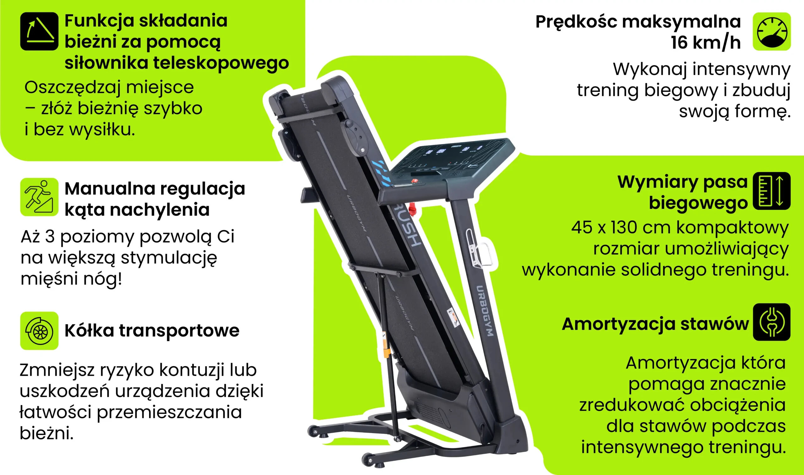 Obraz przedstawia bieżnię elektryczną RUSH z funkcją składania za pomocą siłownika teleskopowego. Widoczne są opisy funkcji, takie jak prędkość maksymalna 16 km/h, manualna regulacja kąta nachylenia, kółka transportowe, wymiary pasa biegowego 45 x 130 cm oraz amortyzacja stawów.
