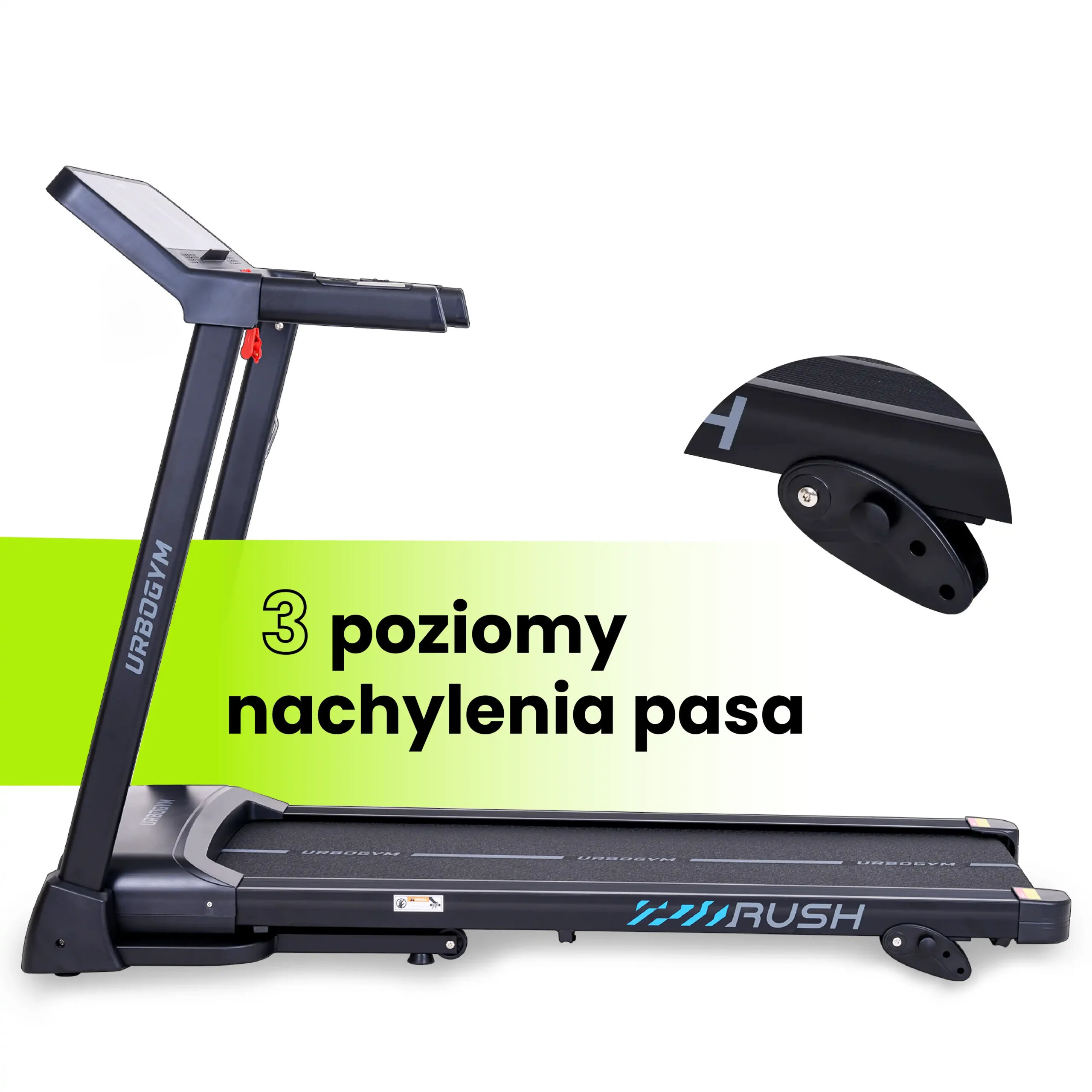 Obraz przedstawia bieżnię elektryczną z napisem \'RUSH\' na pasie biegowym. Na zielonym tle widnieje tekst \'3 poziomy nachylenia pasa\'.