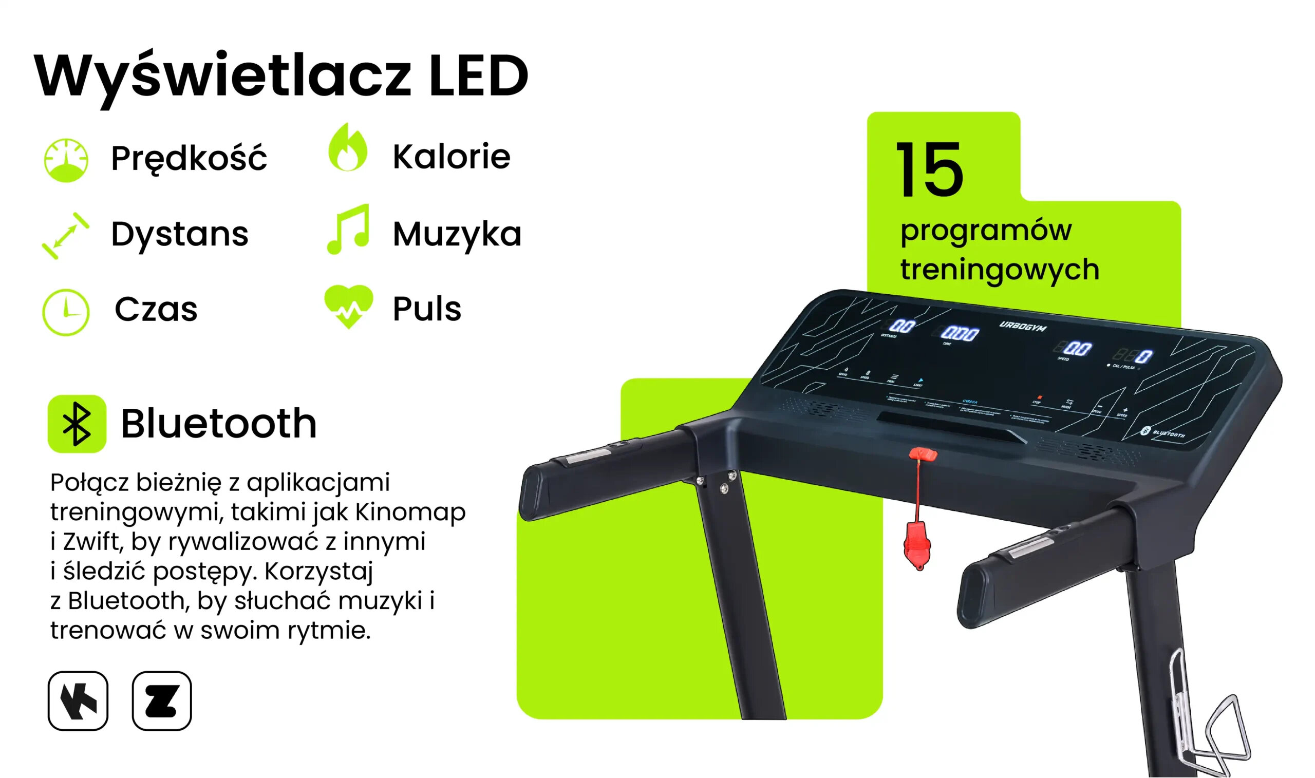Obraz przedstawia panel sterowania bieżni elektrycznej z wyświetlaczem LED, który pokazuje prędkość, kalorie, dystans, muzykę, czas i puls. Obok znajduje się tekst informujący o 15 programach treningowych i możliwości połączenia przez Bluetooth z aplikacjami treningowymi.