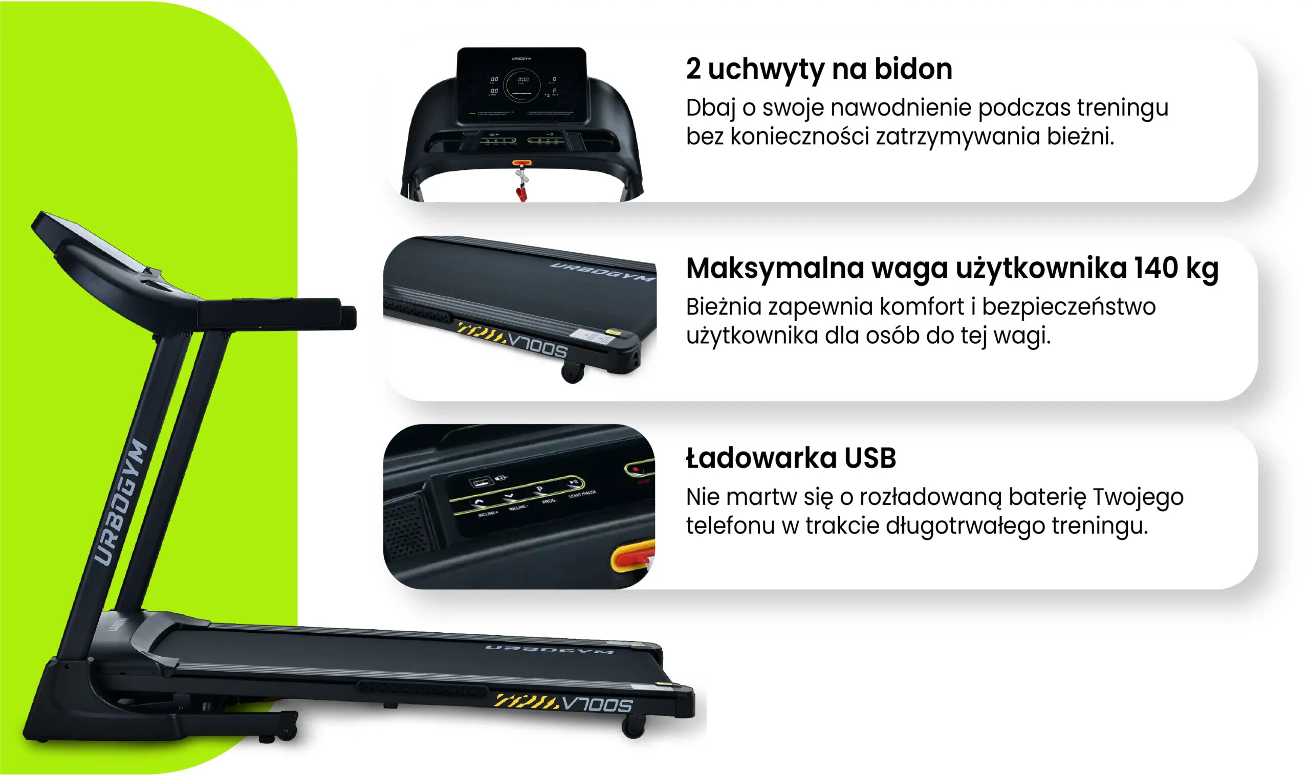 Obraz przedstawia bieżnię elektryczną z logo \'URBOFIT V700S\' oraz trzy opisy funkcji: \'2 uchwyty na bidon\', \'Maksymalna waga użytkownika 140 kg\', \'Ładowarka USB\'.