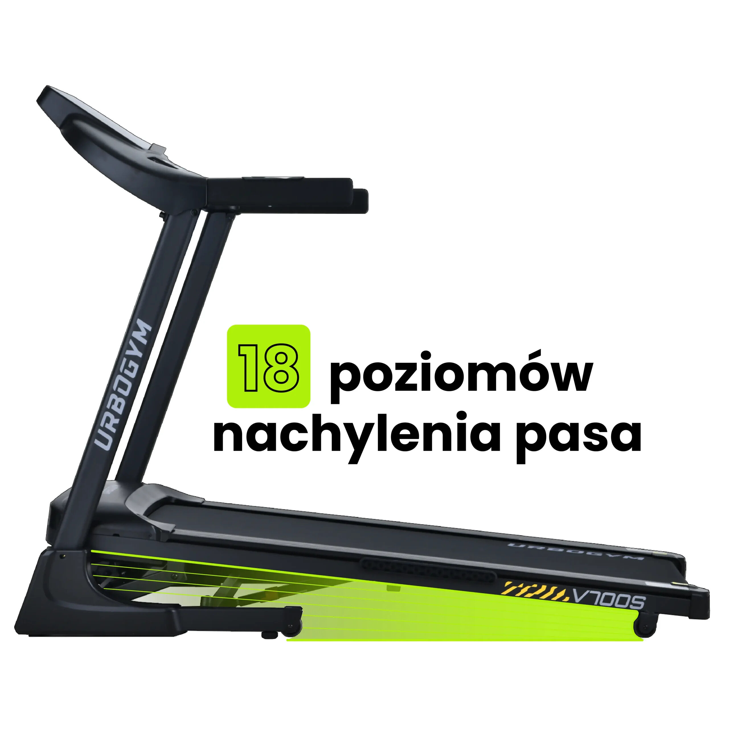 Na obrazie widoczna jest bieżnia elektryczna z napisem \'URBOGYM\' na ramie. Obok znajduje się tekst \'18 poziomów nachylenia pasa\'.