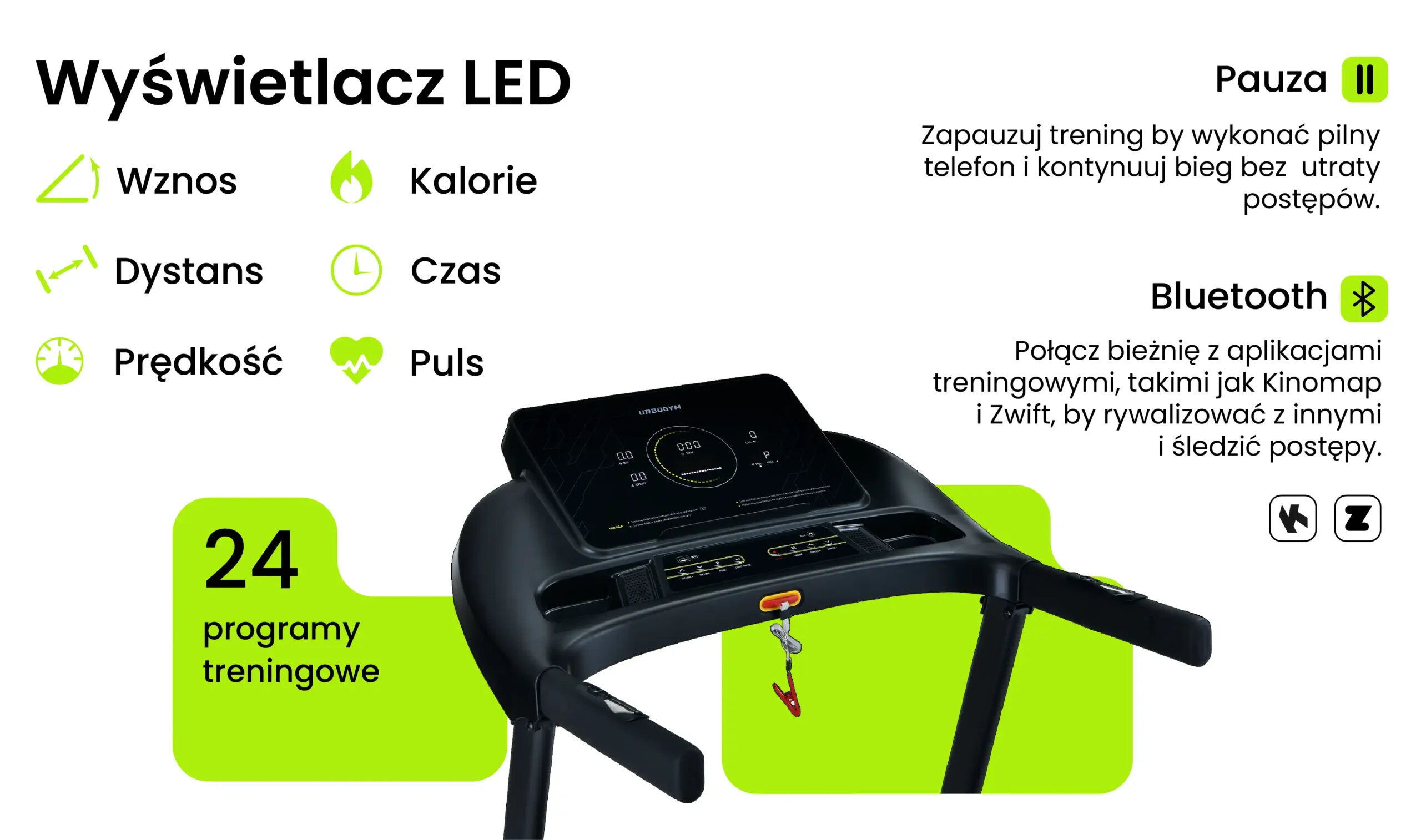 Obraz przedstawia panel sterowania bieżni elektrycznej z wyświetlaczem LED, na którym widoczne są ikony: Wznos, Kalorie, Dystans, Czas, Prędkość, Puls. Obok znajduje się tekst informujący o 24 programach treningowych oraz funkcjach Bluetooth i Pauza.