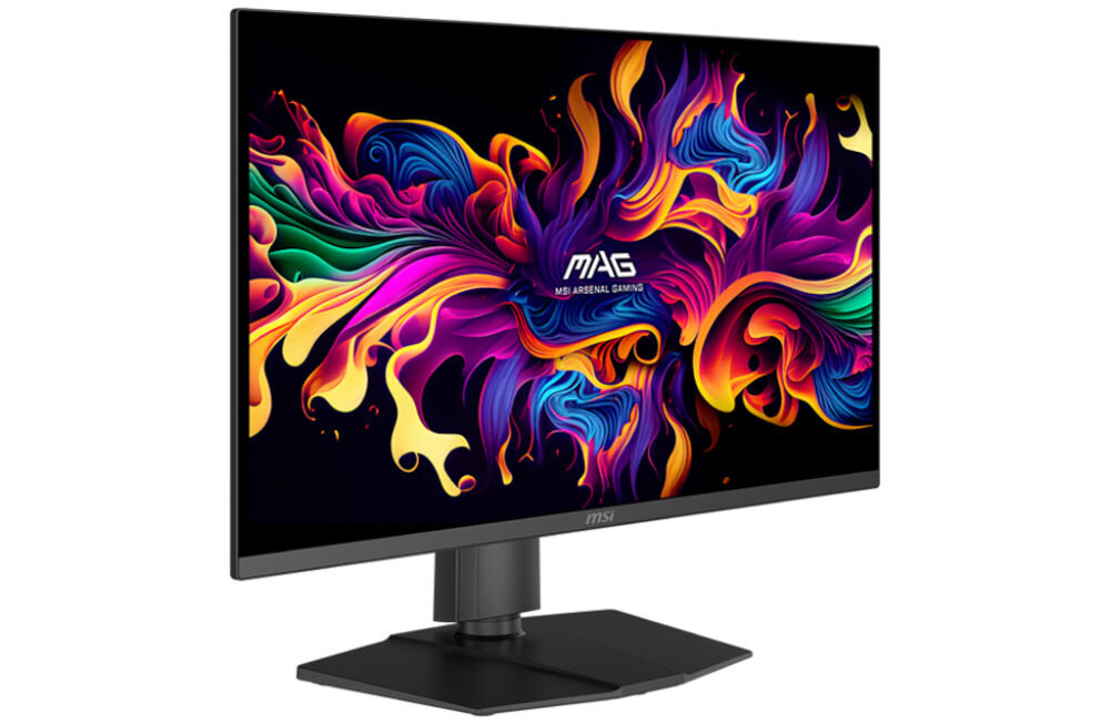 Monitor z wyświetlaczem prezentującym kolorową grafikę z napisem \'MAG MSI ARSENAL GAMING\'. Obudowa monitora jest czarna, a podstawa ma prostokątny kształt.