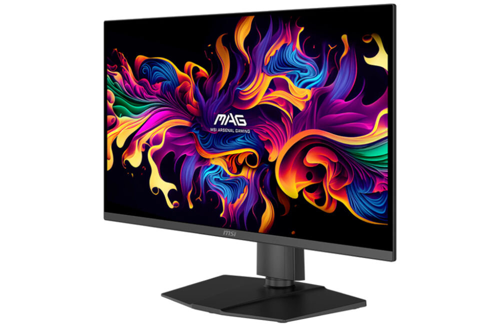 Monitor z kolorowym, abstrakcyjnym wzorem na ekranie, z logo \'MAG\' i \'MSI ARSENAL GAMING\'. Obudowa monitora jest czarna, a podstawa ma prostokątny kształt.