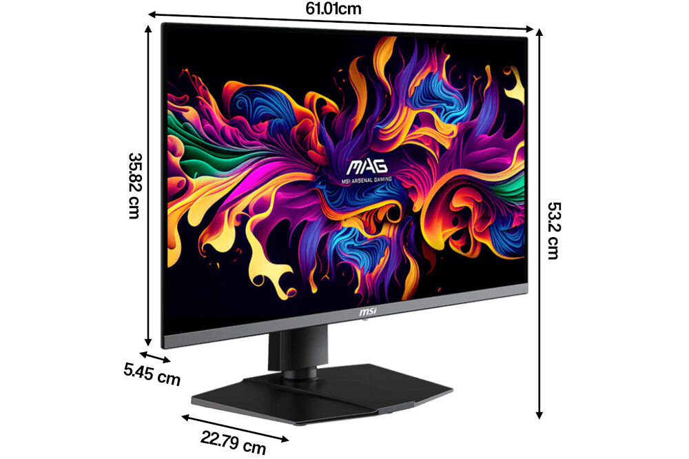Monitor z kolorowym, abstrakcyjnym wzorem na ekranie, z logo \'MSI\' na dolnej ramce. Wymiary monitora to 61.01 cm szerokości, 35.82 cm wysokości, 5.45 cm głębokości, a podstawa ma 22.79 cm głębokości i 53.2 cm wysokości.