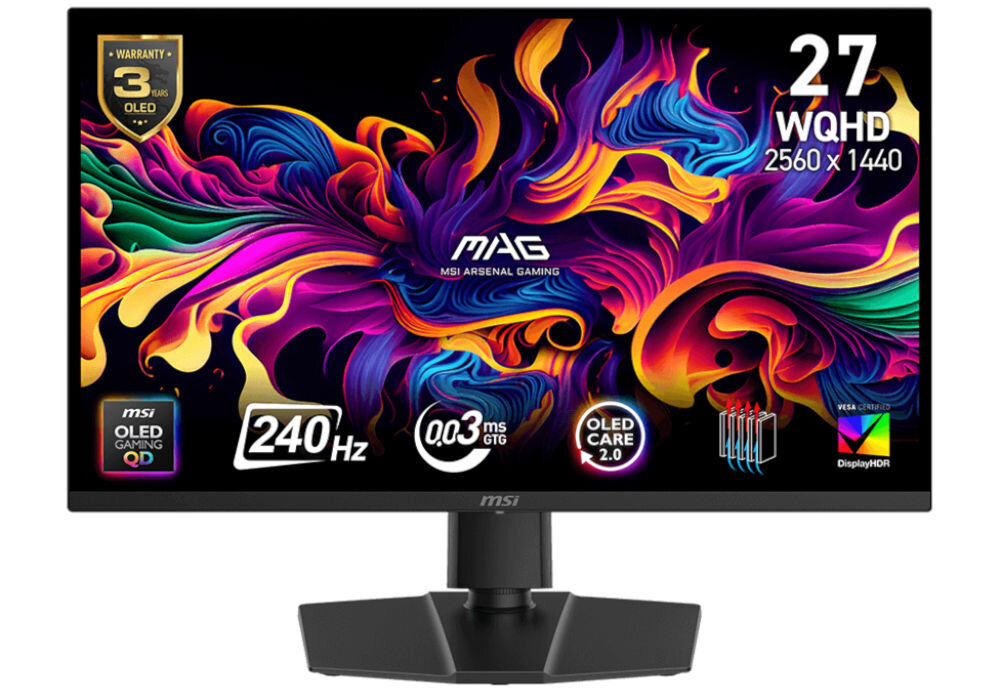 Monitor z kolorowym, abstrakcyjnym wzorem na ekranie, z widocznymi napisami: \'27 WQHD 2560 x 1440\', \'240 Hz\', \'0.03 ms GTG\', \'OLED CARE 2.0\'. Logo \'MSI\' znajduje się na dolnej ramce monitora.