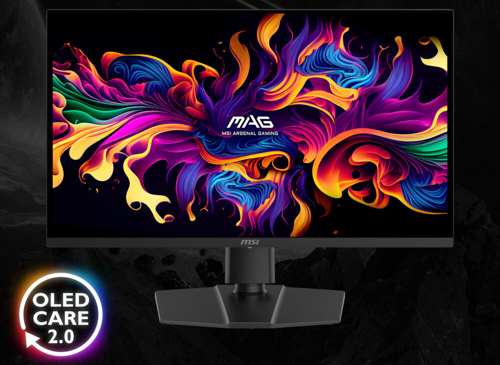 Monitor z wyświetlaczem prezentującym kolorowy, abstrakcyjny wzór. Widoczne napisy to \'MAG\', \'MSI ARSENAL GAMING\' oraz \'OLED CARE 2.0\'.