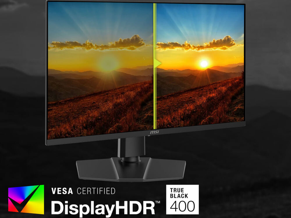 Monitor wyświetla krajobraz z zachodzącym słońcem, podzielony pionową linią na dwie części. Na dole widoczne są napisy: \'VESA CERTIFIED DisplayHDR\' oraz \'TRUE BLACK 400\'.