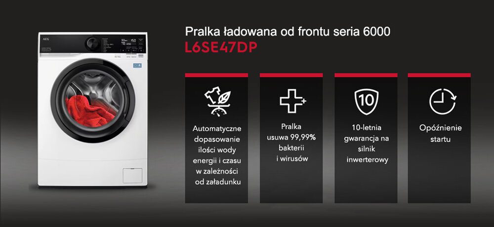 Obraz przedstawia pralkę z serii 6000 z widocznym bębnem i czerwonym materiałem wewnątrz. Obok pralki znajdują się cztery ikony z tekstem: \'Automatyczne dopasowanie ilości wody energii i czasu w zależności od załadunku\', \'Pralka usuwa 99,99% bakterii i wirusów\', \'10-letnia gwarancja na silnik inwerterowy\', \'Opóźnienie startu\'.