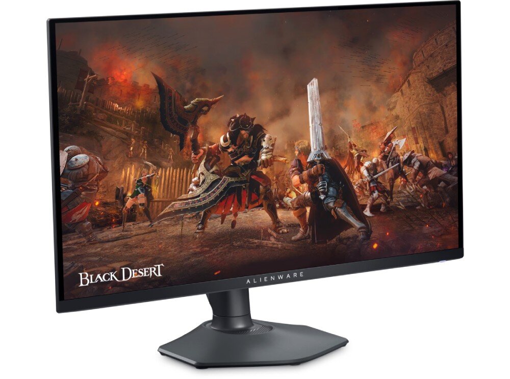 Monitor wyświetla dynamiczną scenę z gry \'Black Desert\', przedstawiającą postacie w zbrojach w trakcie bitwy. Na dolnej ramce monitora widoczne jest logo \'ALIENWARE\'.