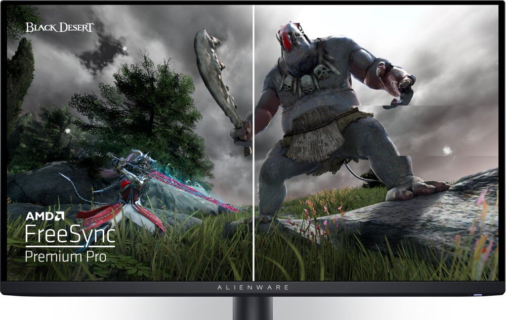Obraz przedstawia ekran monitora z grą, na którym widać postać potwora z maczugą oraz leżącego wojownika. Na ekranie widoczny jest tekst: \'Black Desert\', \'AMD FreeSync Premium Pro\' oraz \'Alienware\'.