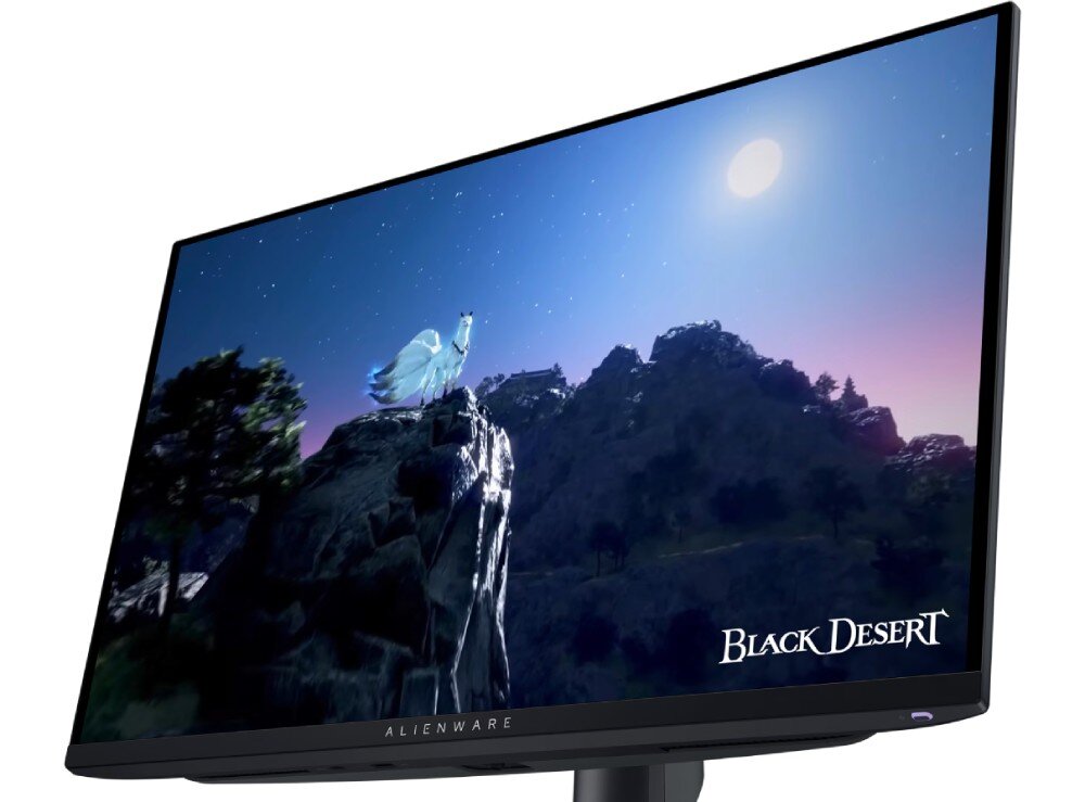 Monitor wyświetla scenę z gry, przedstawiającą postać na skale z widokiem na góry i nocne niebo. Na ekranie widoczny jest napis \'BLACK DESERT\', a na obudowie monitora znajduje się logo \'ALIENWARE\'.