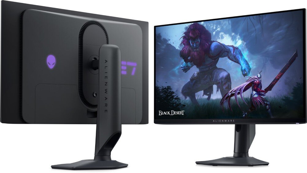 Monitor z przodu wyświetla grafikę z gry \'Black Desert\', a z tyłu widoczne jest logo w kształcie głowy obcego oraz napis \'ALIENWARE\' na podstawie.