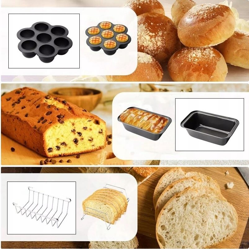 Obraz przedstawia różne akcesoria do pieczenia, w tym formy na muffiny, formy do chleba oraz stojak na kromki chleba. W tle widoczne są wypieki, takie jak bułki, ciasto z czekoladą i kromki chleba.