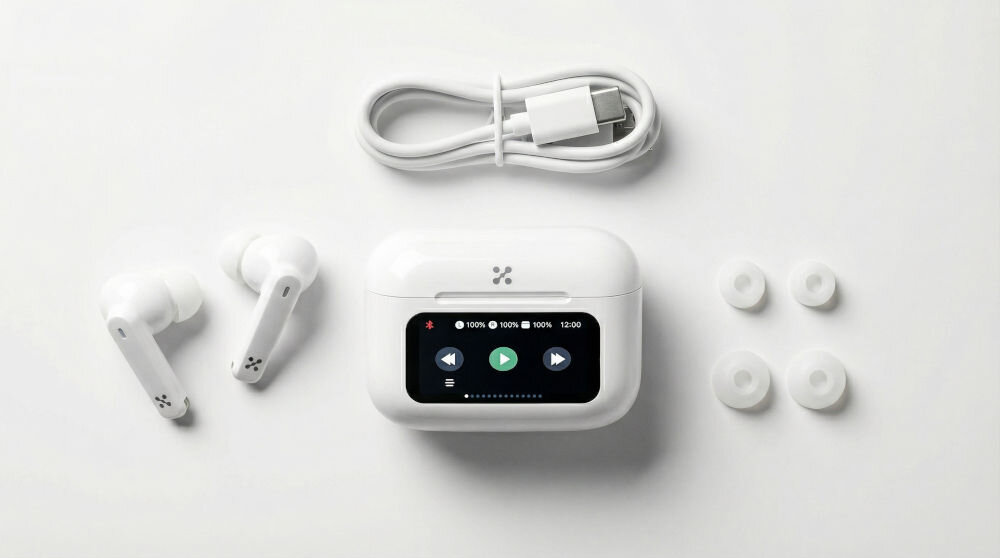Na białym tle znajdują się białe słuchawki dokanałowe, etui z wyświetlaczem pokazującym ikony odtwarzania i poziom naładowania, kabel USB oraz trzy pary dodatkowych gumek do słuchawek.