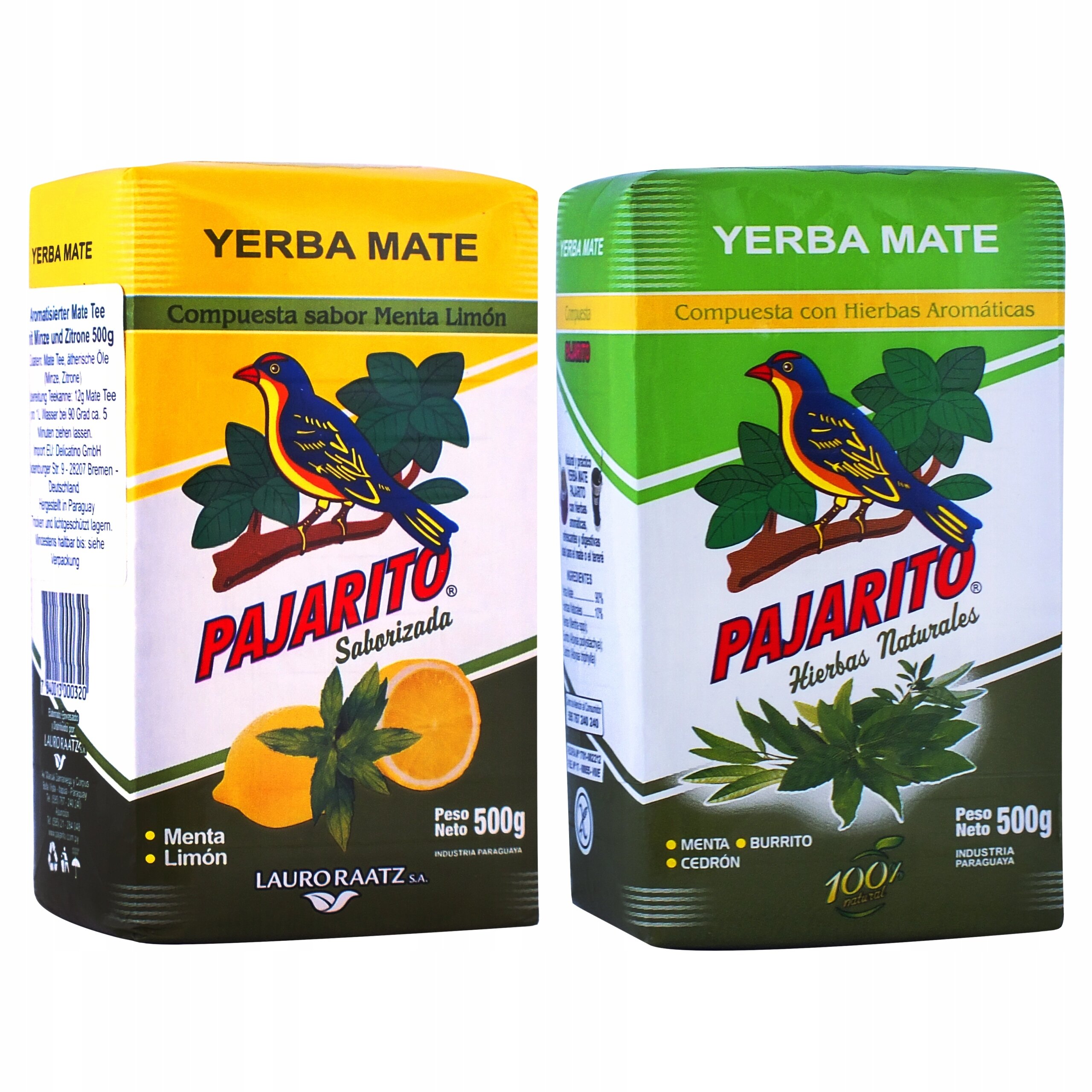 Dwa opakowania Yerba Mate Pajarito, jedno o smaku Menta Limón z żółtym tłem, drugie z ziołami aromatycznymi na zielonym tle. Oba opakowania mają pojemność 500g i przedstawiają kolorowego ptaka na gałęzi.