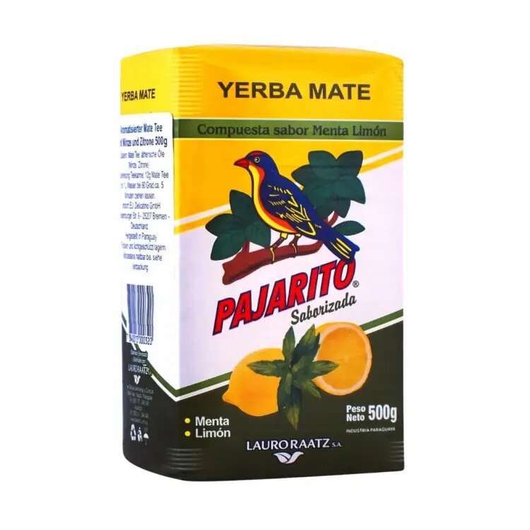 Opakowanie Yerba Mate Pajarito o smaku Menta Limón z widocznym logo ptaka na gałęzi. Na opakowaniu znajduje się tekst: \'Yerba Mate\', \'Compuesta sabor Menta Limón\', \'PAJARITO Saborizada\', \'Menta Limón\', \'Peso Neto 500g\', \'LAURO RAATZ S.A.\'.