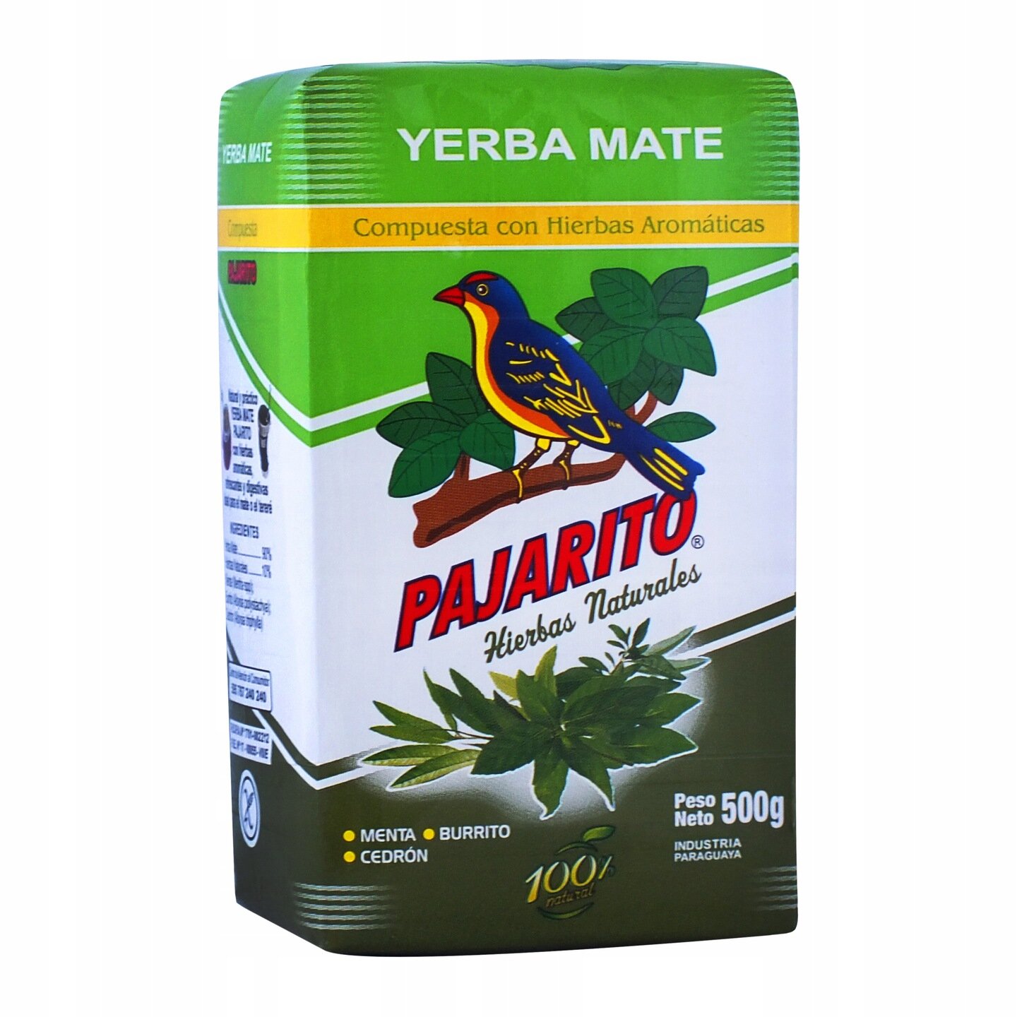 Opakowanie Yerba Mate Pajarito z zielonym tłem i kolorowym ptakiem na gałęzi. Na opakowaniu widnieje tekst: \'YERBA MATE\', \'Compuesta con Hierbas Aromáticas\', \'PAJARITO Hierbas Naturales\', \'Peso Neto 500g\'.