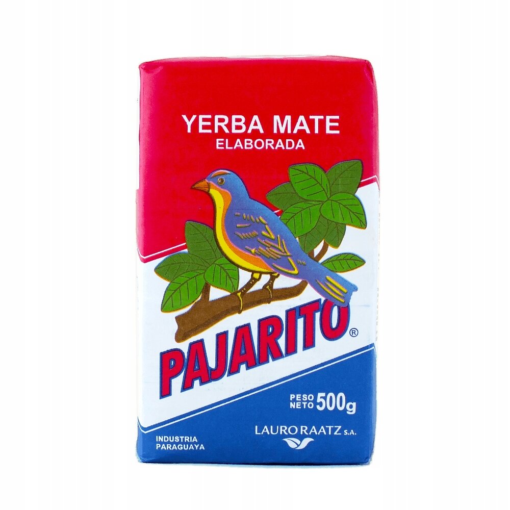 Opakowanie Yerba Mate Pajarito Elaborada z wizerunkiem ptaka na gałęzi i zielonymi liśćmi. Tekst na opakowaniu: \'YERBA MATE ELABORADA\', \'PAJARITO\', \'PESO NETO 500g\', \'INDUSTRIA PARAGUAYA\', \'LAURO RAATZ S.A.\'.