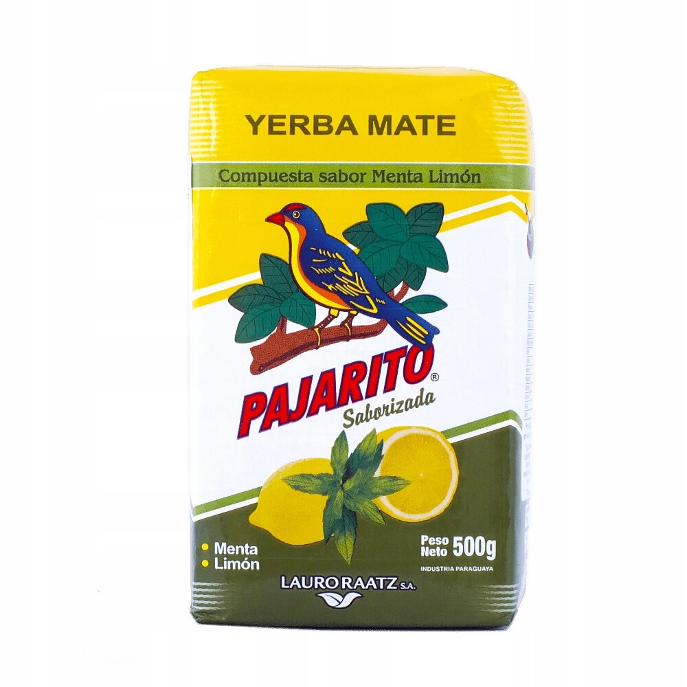 Opakowanie Yerba Mate Pajarito o smaku mięty i cytryny, z wizerunkiem ptaka na gałęzi oraz cytryną i liśćmi mięty. Tekst na opakowaniu: \'Yerba Mate\', \'Compuesta sabor Menta Limón\', \'PAJARITO\', \'Peso Neto 500g\', \'LAURO RAATZ S.A.\'.