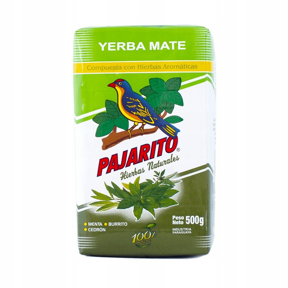 Opakowanie Yerba Mate Pajarito z zielonym i białym tłem, przedstawiające kolorowego ptaka na gałęzi oraz liście. Tekst na opakowaniu: \'YERBA MATE\', \'Compuesta con Hierbas Aromáticas\', \'PAJARITO Hierbas Naturales\', \'MENTA\', \'BURRITO\', \'CEDRÓN\', \'Peso Neto 500g\', \'INDUSTRIA PARAGUAYA\'.