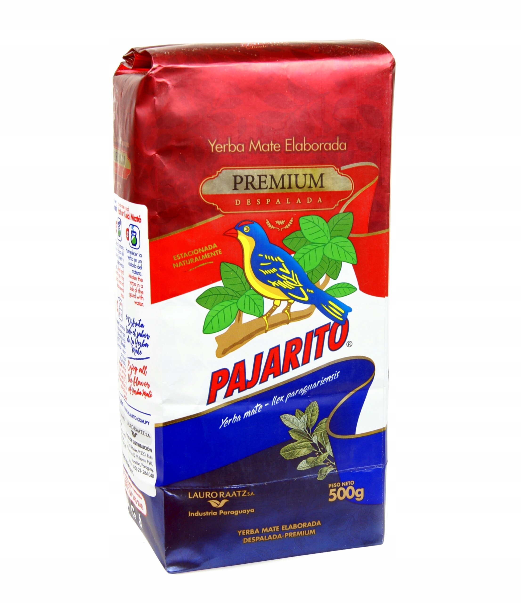 Opakowanie Yerba Mate Pajarito Premium Despalada 500g z widocznym kolorowym ptakiem na gałęzi oraz napisami \'Yerba Mate Elaborada\', \'Premium Despalada\' i \'PESO NETO 500g\'.