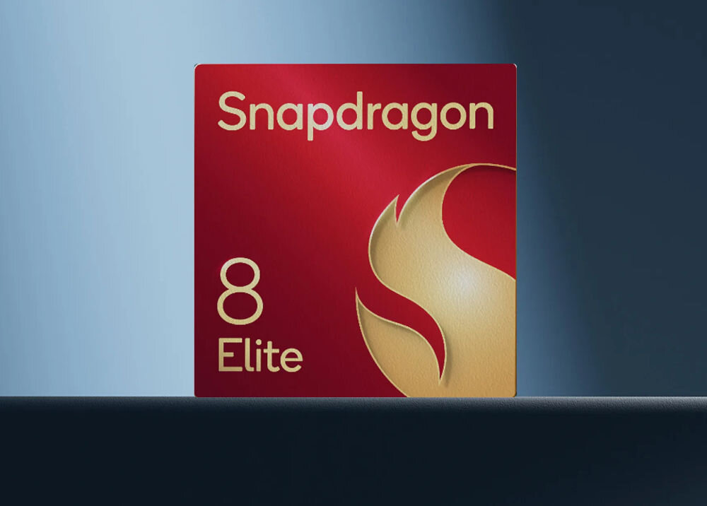 Obraz przedstawia czerwony kwadrat z napisem \'Snapdragon 8 Elite\' oraz złotym symbolem płomienia na ciemnym tle.