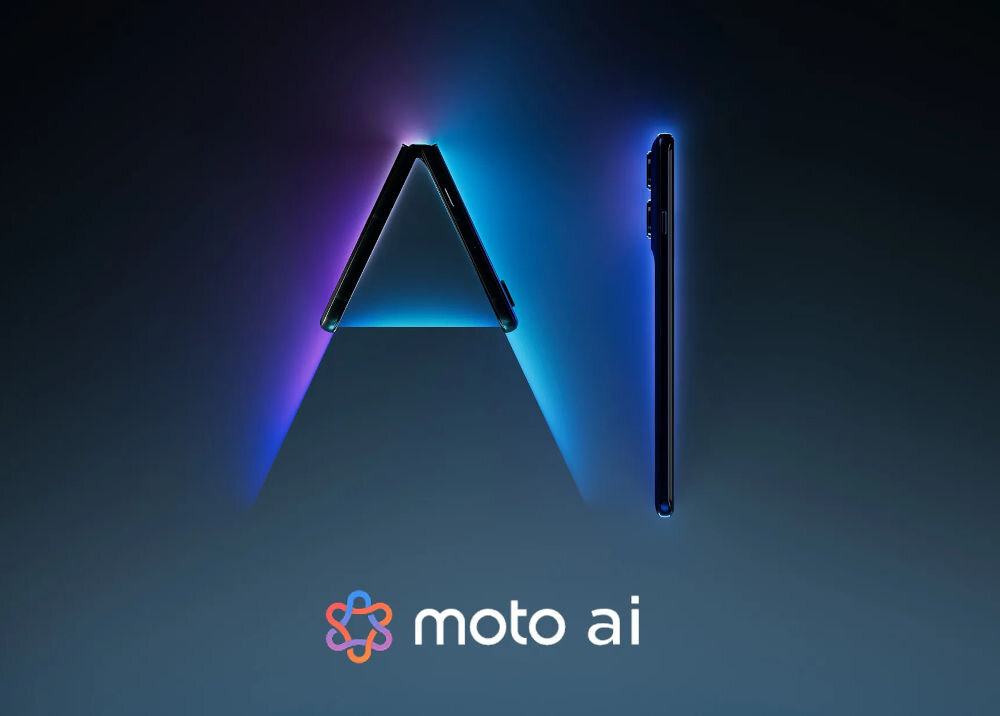 Obraz przedstawia dwa smartfony w kształcie litery \'A\' z efektem świetlnym w kolorach niebieskim i fioletowym. Na dole widnieje napis \'moto ai\' z kolorowym symbolem obok.