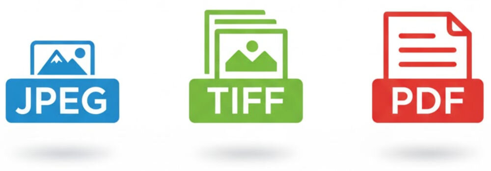 Trzy ikony przedstawiające formaty plików: JPEG w kolorze niebieskim z symbolem zdjęcia, TIFF w kolorze zielonym z symbolem stosu zdjęć oraz PDF w kolorze czerwonym z symbolem dokumentu.