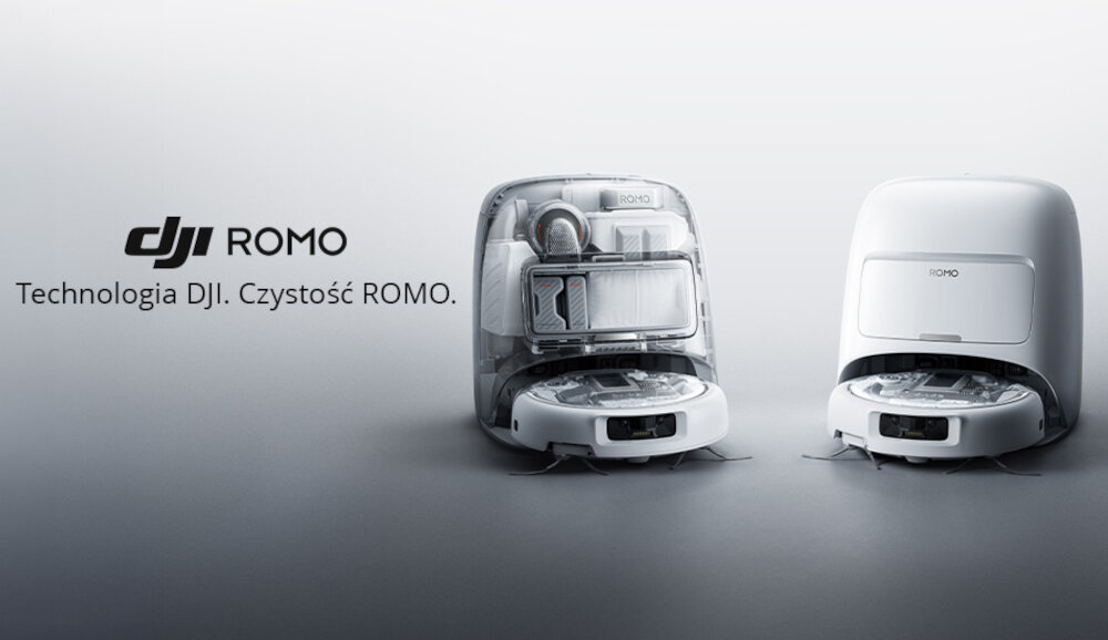 Obraz przedstawia dwa białe roboty sprzątające z napisem \'ROMO\' na obudowie. Po lewej stronie widnieje tekst: \'DJI ROMO Technologia DJI. Czystość ROMO.\'.