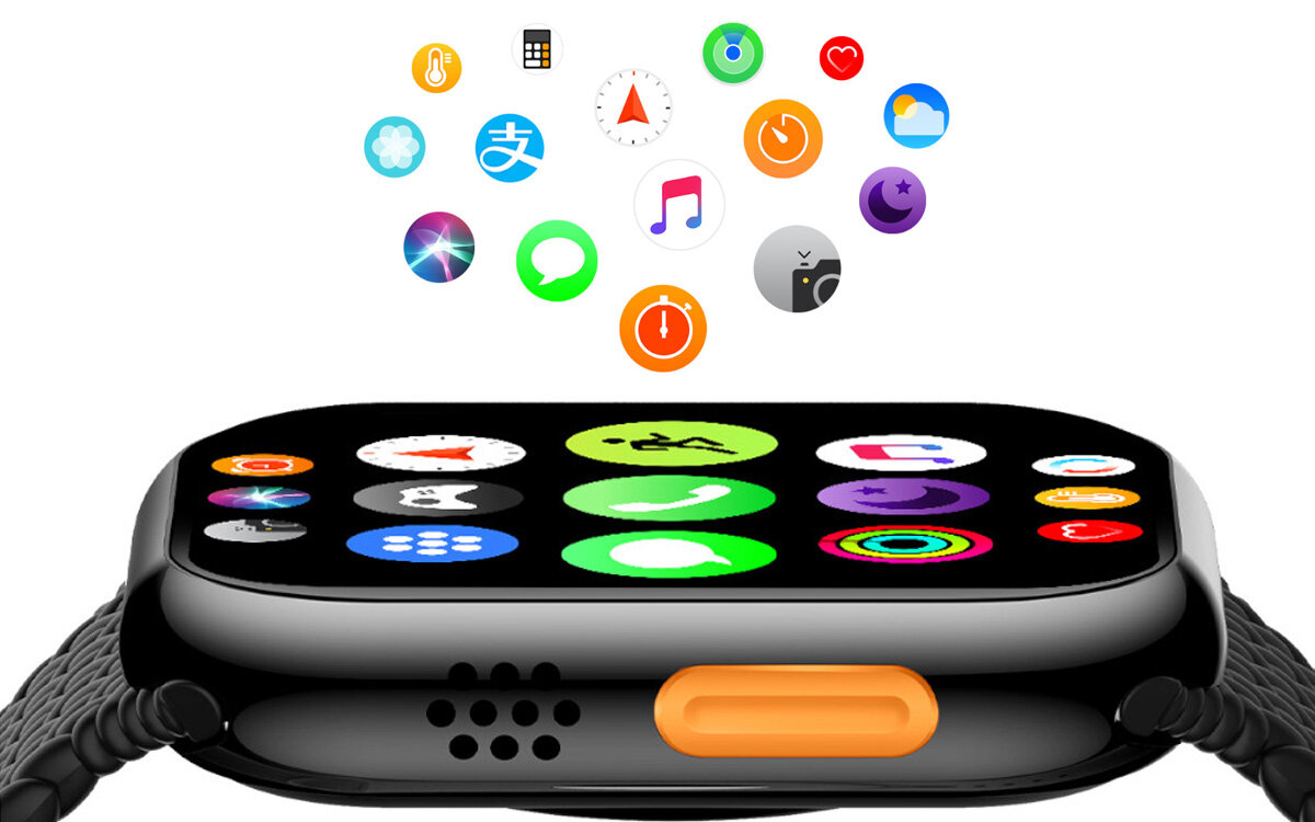 Czarny smartwatch z kolorowym wyświetlaczem, na którym widoczne są różne ikony aplikacji. Obok zegarka unoszą się dodatkowe ikony w kształcie okręgów.