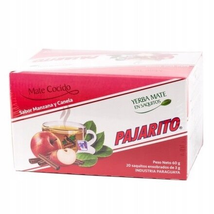 Opakowanie Yerba Mate Pajarito o smaku jabłka z cynamonem, zawierające 20 saszetek po 3 g każda, o wadze netto 60 g. Na opakowaniu widoczne są ilustracje jabłka, cynamonu oraz filiżanki z naparem.