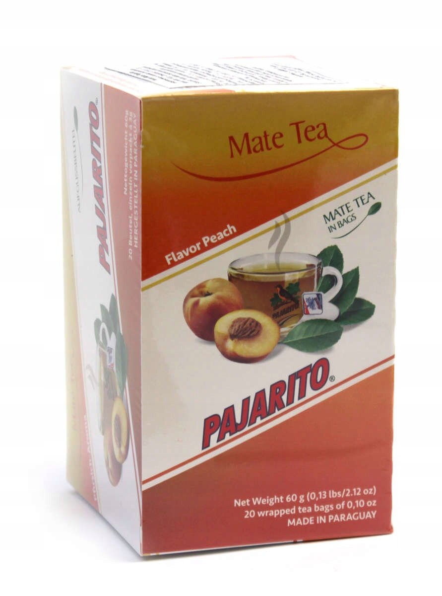 Opakowanie herbaty Mate Tea o smaku brzoskwiniowym z napisem \'PAJARITO\'. Widoczne są ilustracje brzoskwiń oraz filiżanka z herbatą, a także tekst \'Net Weight 60 g (0,13 lbs/2.12 oz) 20 wrapped tea bags of 0,10 oz MADE IN PARAGUAY\'.