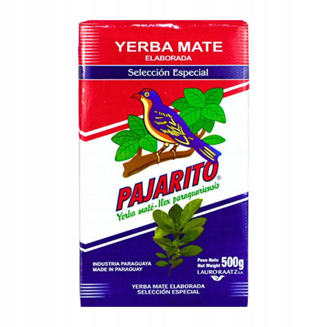 Opakowanie Yerba Mate Pajarito Seleccion Especial 500g z wizerunkiem ptaka na gałęzi i zielonymi liśćmi. Widoczny tekst: \'Yerba Mate Elaborada Selección Especial\', \'Pajarito\', \'Yerba maté - Ilex paraguariensis\', \'Industria Paraguaya Made in Paraguay\', \'Peso Neto Net Weight 500g\', \'Lauro Raatz S.A.\'.