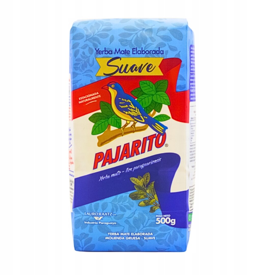Opakowanie Yerba Mate Pajarito Suave 500g z kolorowym nadrukiem przedstawiającym ptaka na gałęzi. Widoczny tekst: \'Yerba Mate Elaborada Suave\', \'Pajarito\', \'Peso Neto 500g\'.