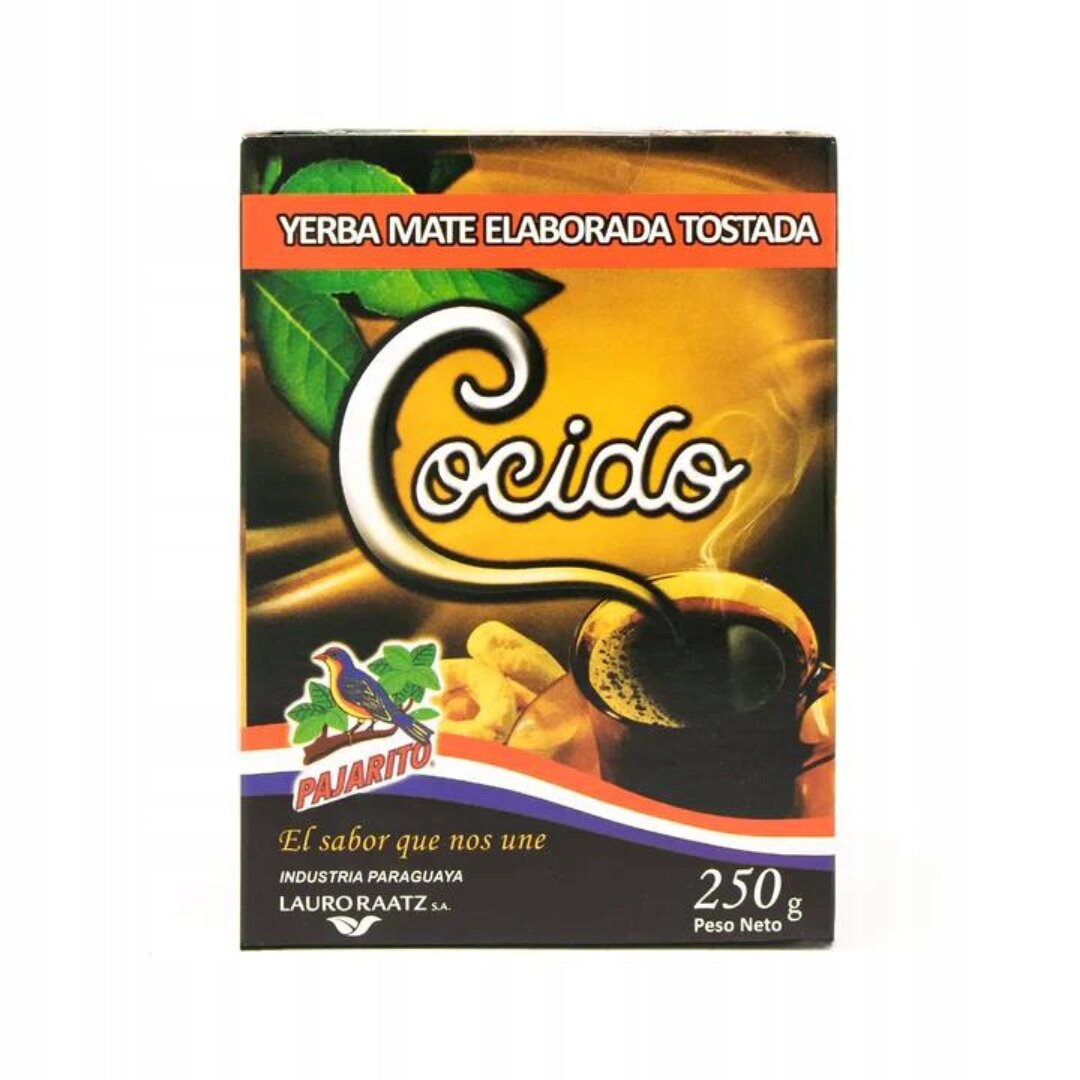 Opakowanie produktu z napisem \'Yerba Mate Elaborada Tostada Cocido\'. Widoczne logo \'Pajarito\' oraz tekst \'El sabor que nos une\', \'Industria Paraguaya\', \'Lauro Raatz S.A.\', \'250 g Peso Neto\'.