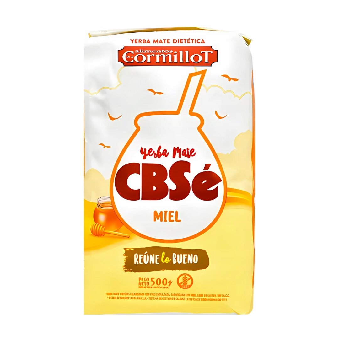 Opakowanie Yerba Mate CBSe Miel o wadze 500g z widocznym logo \'Alimentos Cormillot\'. Na opakowaniu znajduje się grafika przedstawiająca dzbanek z napisem \'Yerba Mate CBSe Miel\' oraz tekst \'Reúne lo Bueno\'.