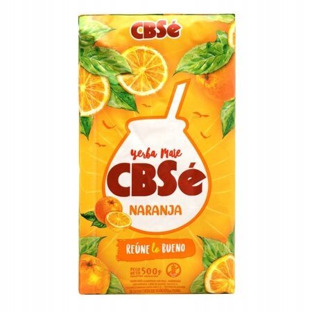 Opakowanie yerba mate CBSe Naranja z motywem pomarańczy i liści, z napisem \'yerba mate CBSe NARANJA\' oraz \'REÚNE LO BUENO\'.