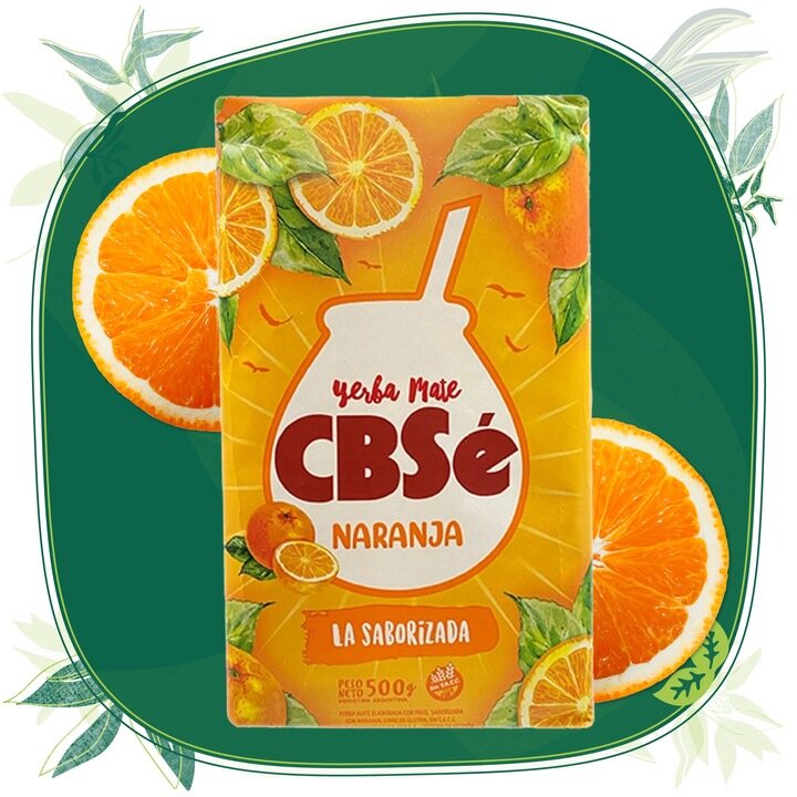 Opakowanie Yerba Mate CBSe Naranja o wadze 500g z motywem pomarańczy i liści. Widoczny tekst: \'Yerba Mate CBSe NARANJA LA SABORIZADA PESO NETO 500g\'.