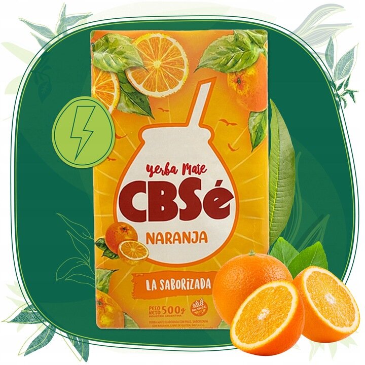 Opakowanie Yerba Mate CBSe Naranja z grafiką pomarańczy i liści, z napisem \'La Saborizada\'. Widoczna waga produktu: 500 g.