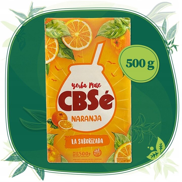 Opakowanie Yerba Mate CBSe Naranja o wadze 500 g, z grafiką pomarańczy i liści oraz napisem \'La Saborizada\'.