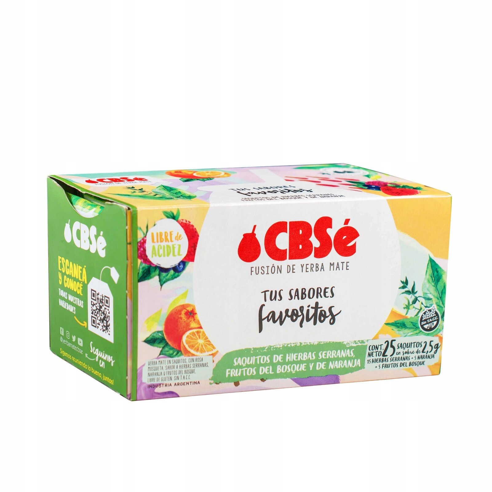 Opakowanie Yerba Mate CBSe z napisem \'Tus Sabores Favoritos\' i grafiką owoców. Widoczne są również napisy \'Libre de Acidez\' oraz \'Cont. 25 saquitos 2,5 g\'.